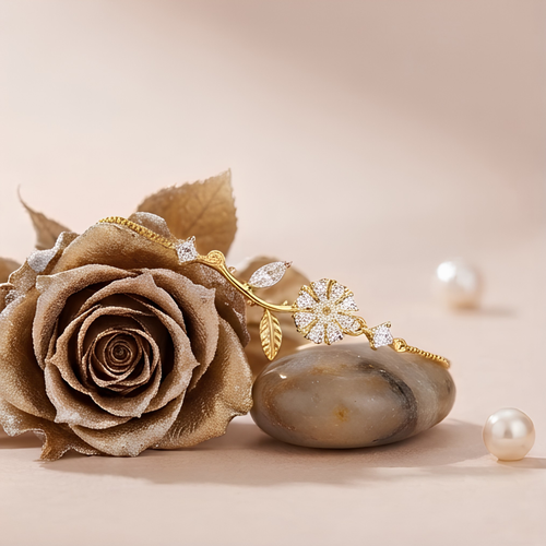 Elegant Floral Design Adjustable Gold-Plated Bracelet with Sparkling Cubic Zirconia Stones