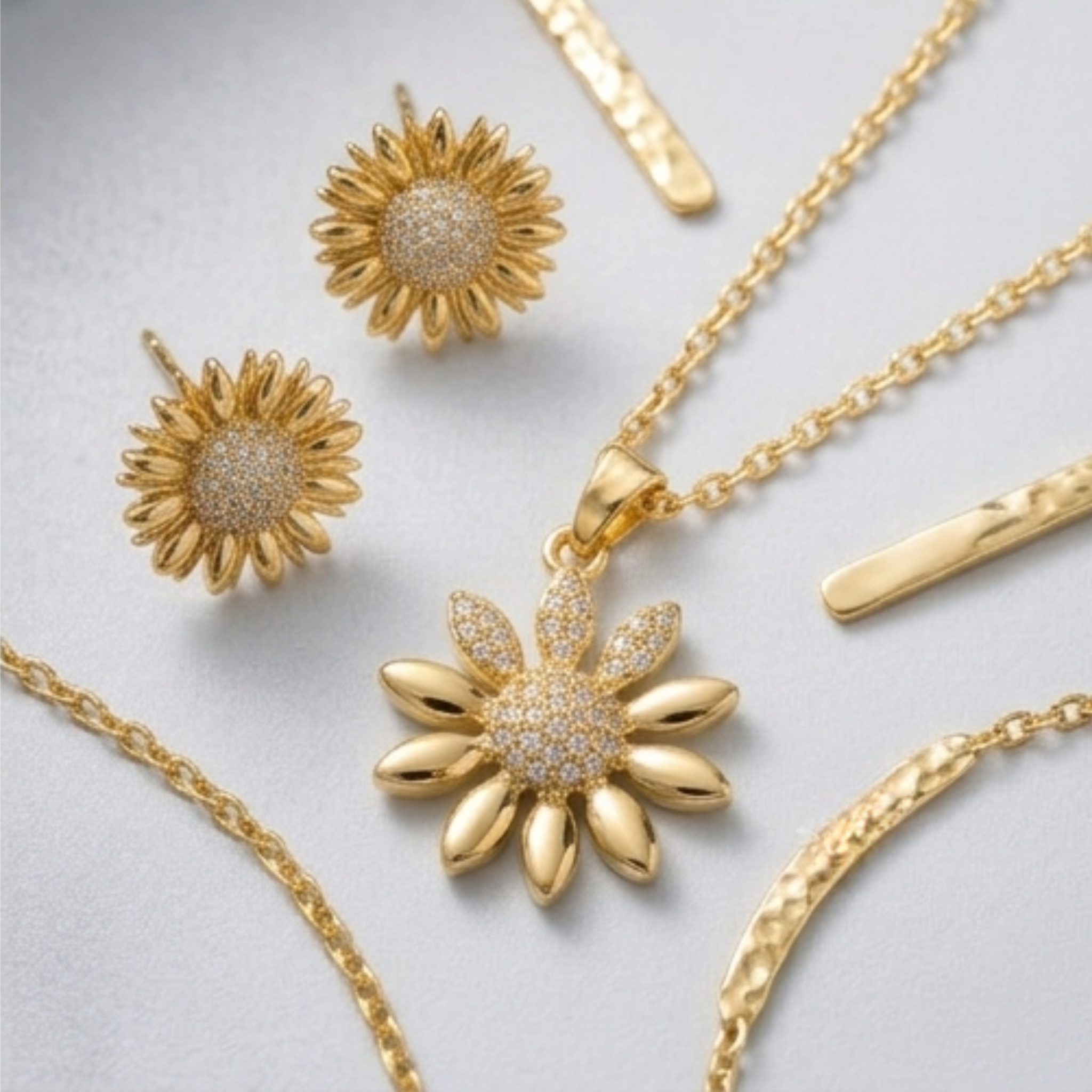 Radiant Gold Pave Sunflower Jewelry Set - Diamond Simulant Necklace & Stud Earrings