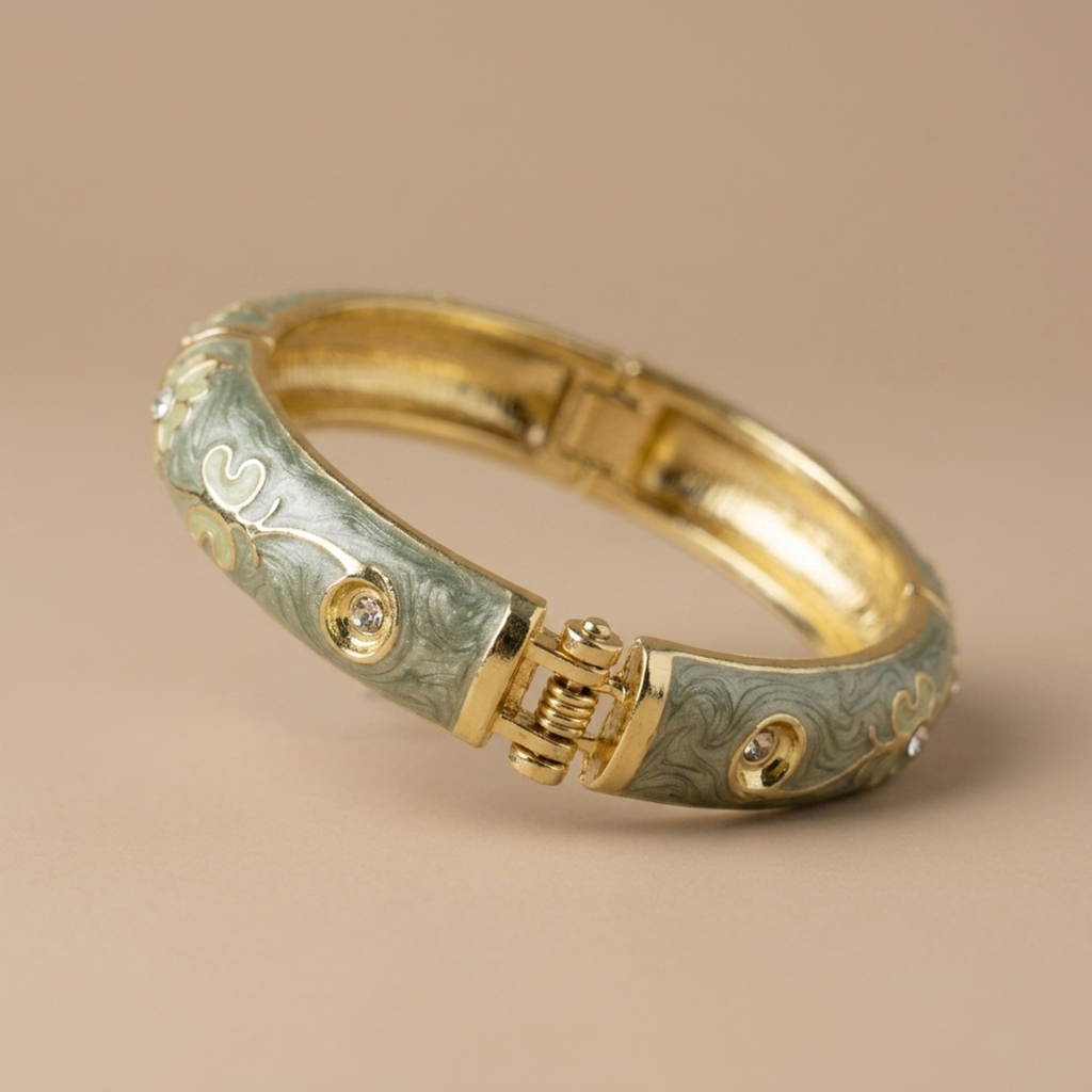 Sage green enamel floral vine gold bangle - additional view