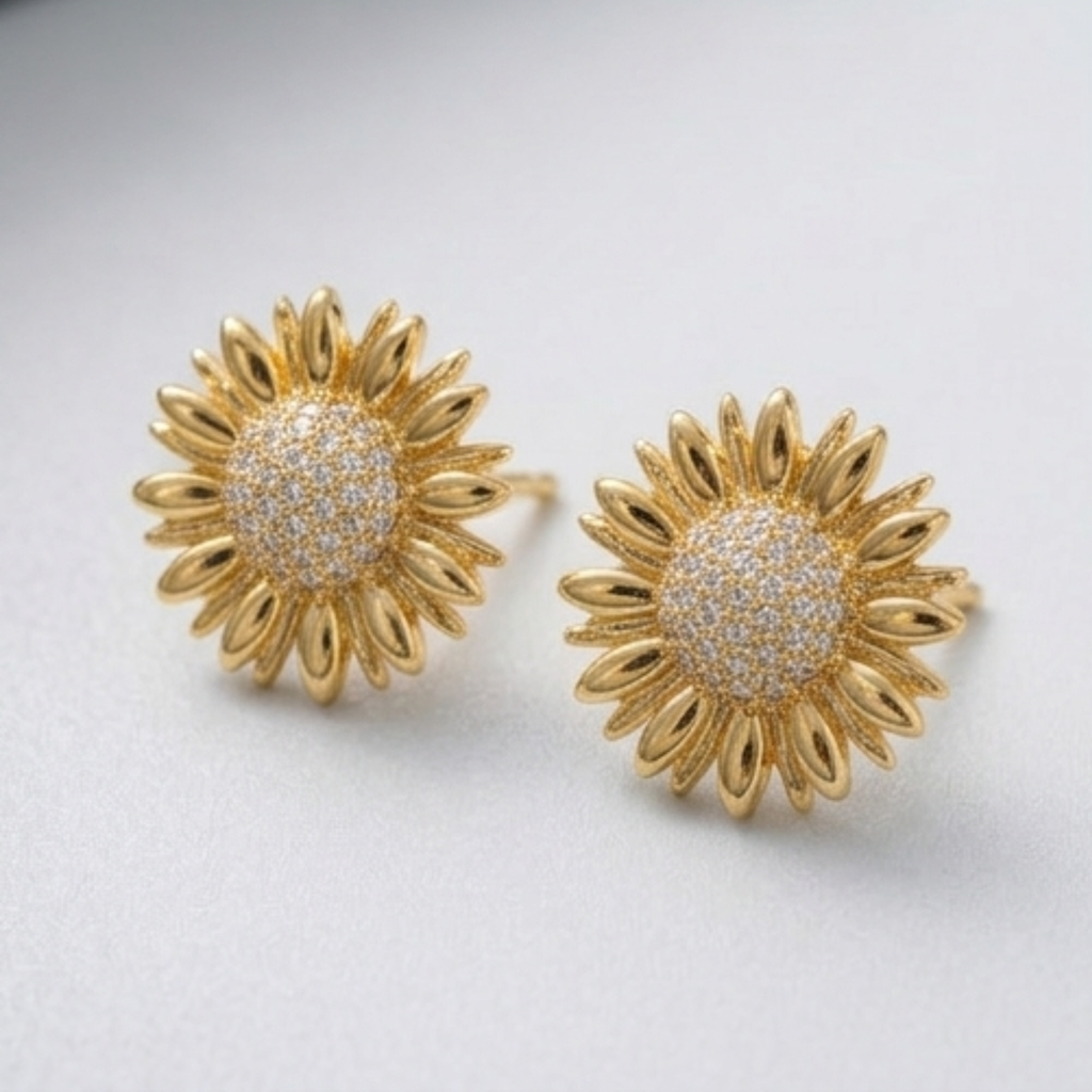 Radiant Gold Pave Sunflower Jewelry Set - Diamond Simulant Necklace & Stud Earrings