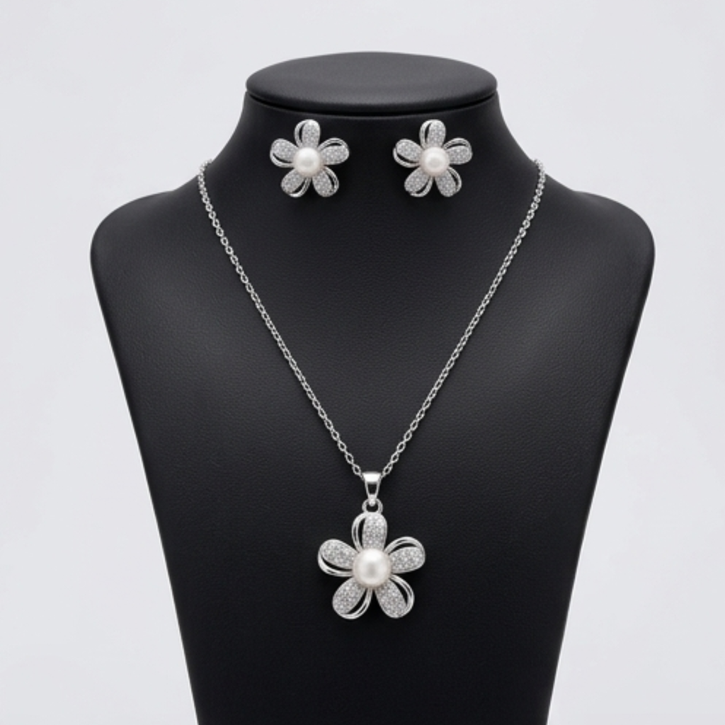 Radiant Sterling Silver Pearl Flower Jewelry Set - Diamond Simulant Necklace & Stud Earrings