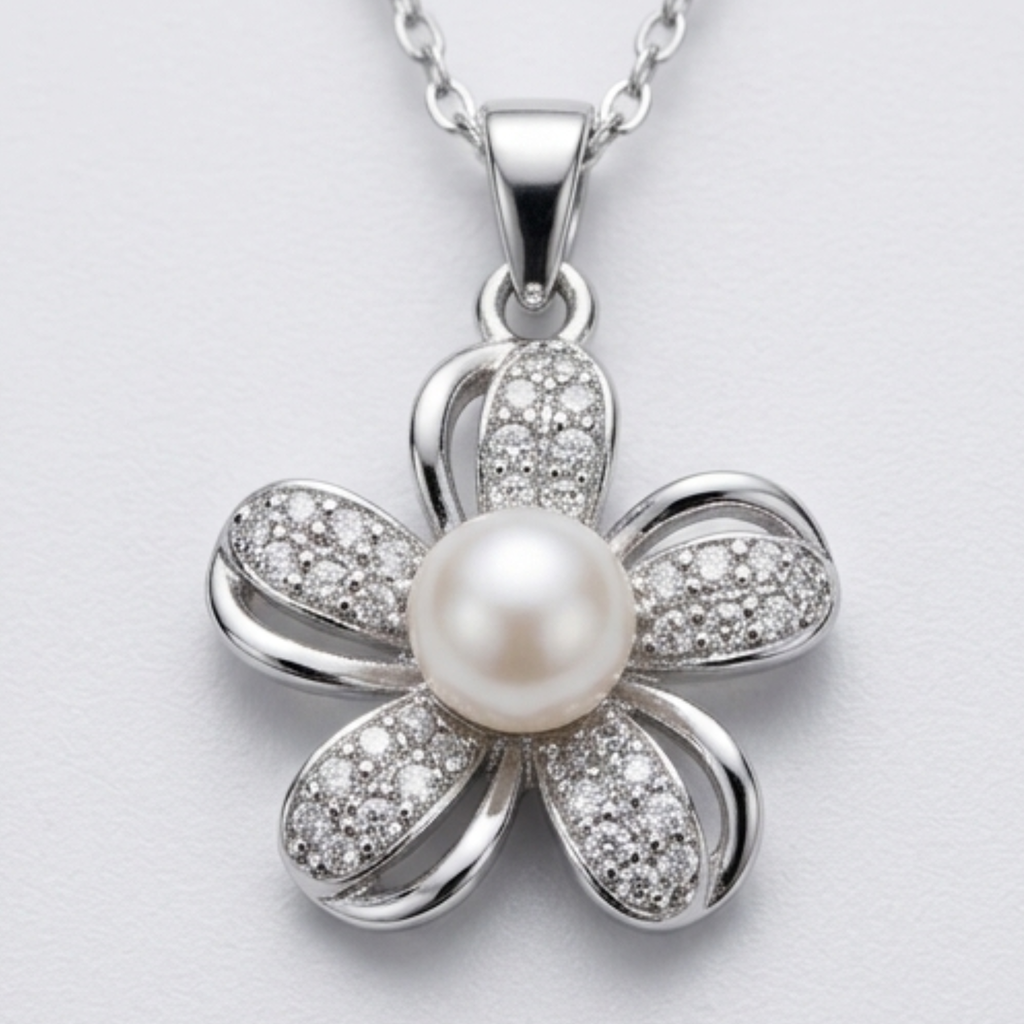 Radiant Sterling Silver Pearl Flower Jewelry Set - Diamond Simulant Necklace & Stud Earrings