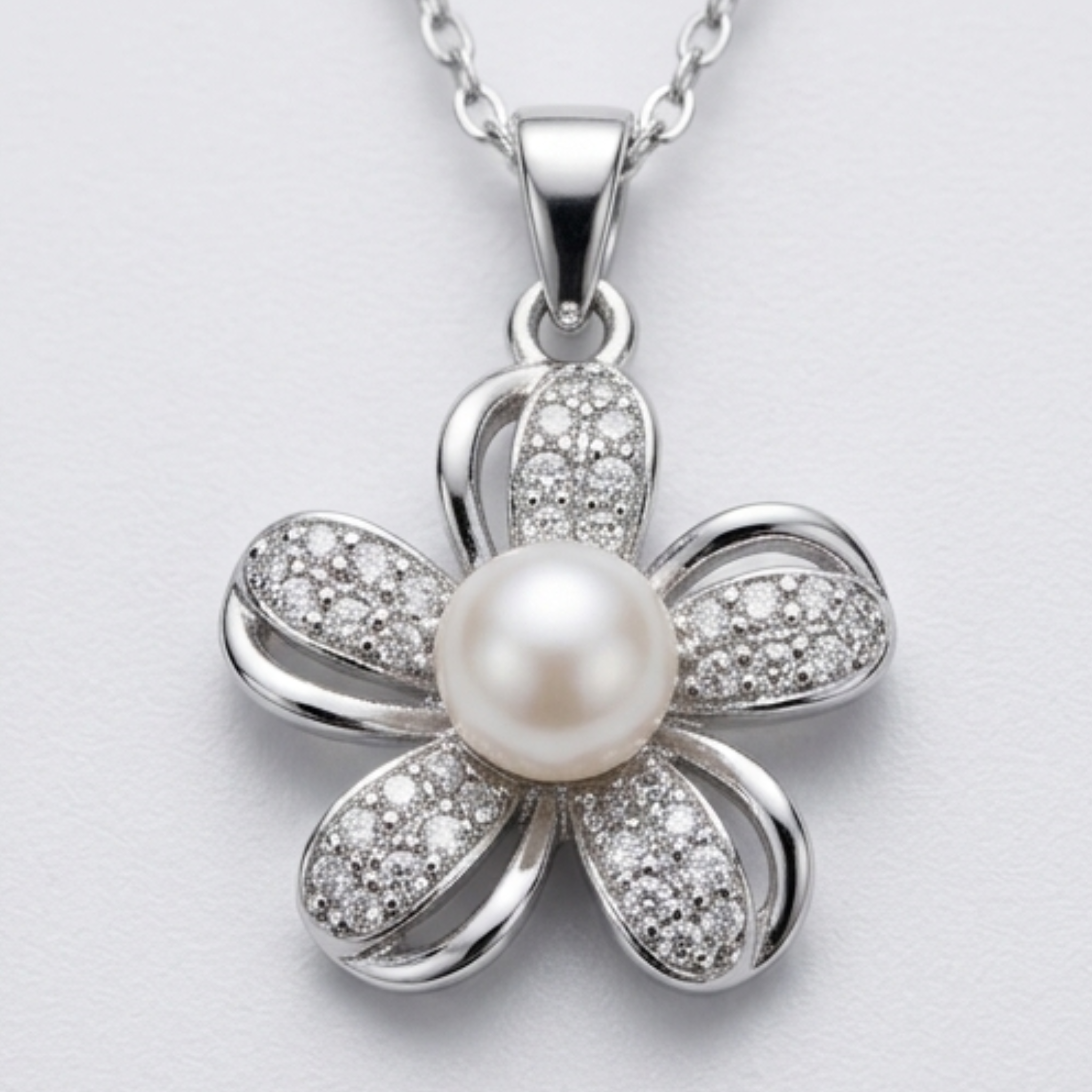 Radiant Sterling Silver Pearl Flower Jewelry Set - Diamond Simulant Necklace & Stud Earrings