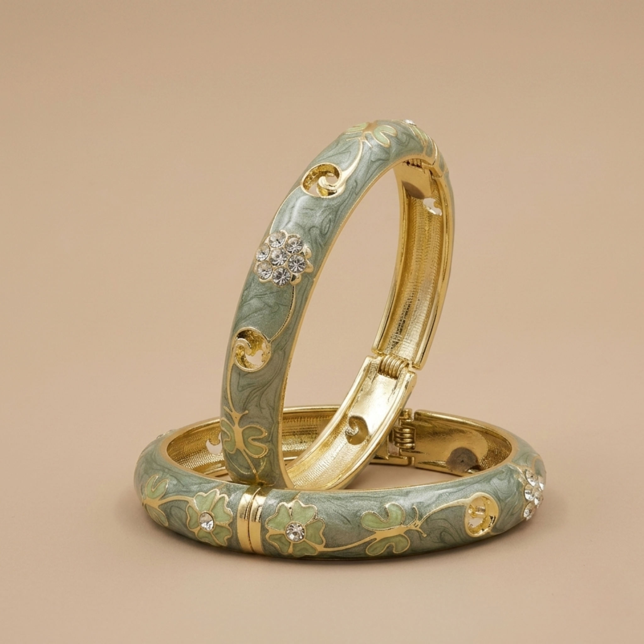 Sage green enamel floral vine gold bangle - detail view