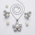 Radiant Sterling Silver Pearl Flower Jewelry Set - Diamond Simulant Necklace & Stud Earrings