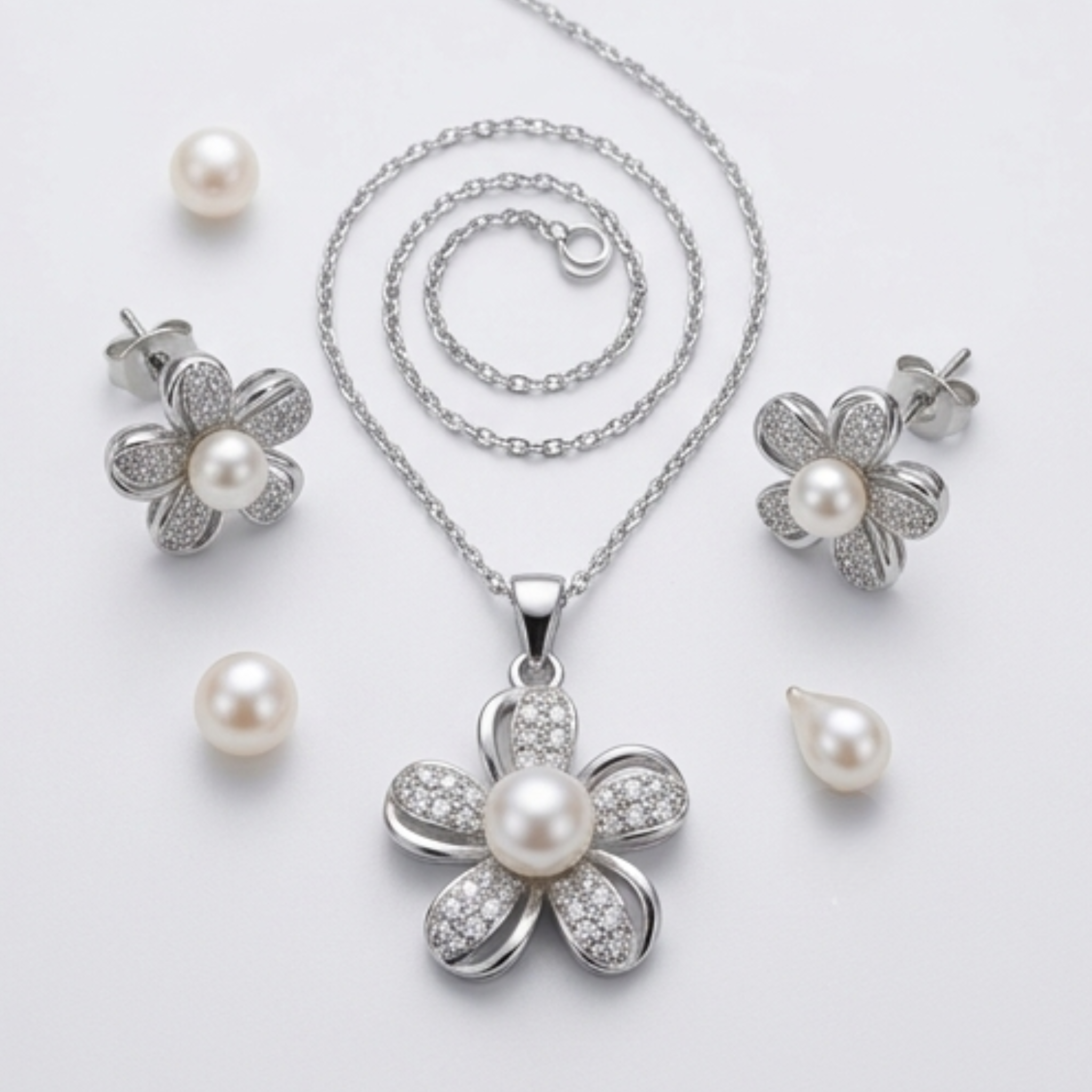 Radiant Sterling Silver Pearl Flower Jewelry Set - Diamond Simulant Necklace & Stud Earrings