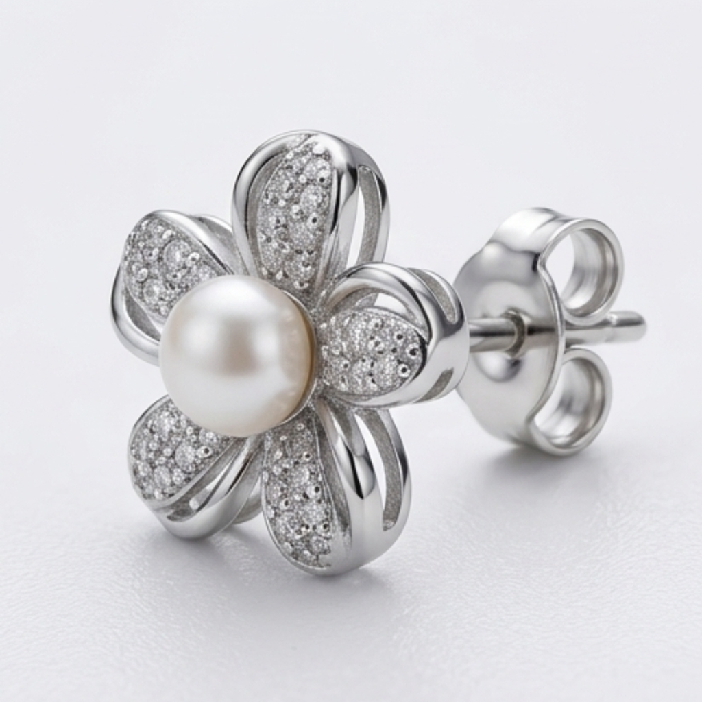 Radiant Sterling Silver Pearl Flower Jewelry Set - Diamond Simulant Necklace & Stud Earrings