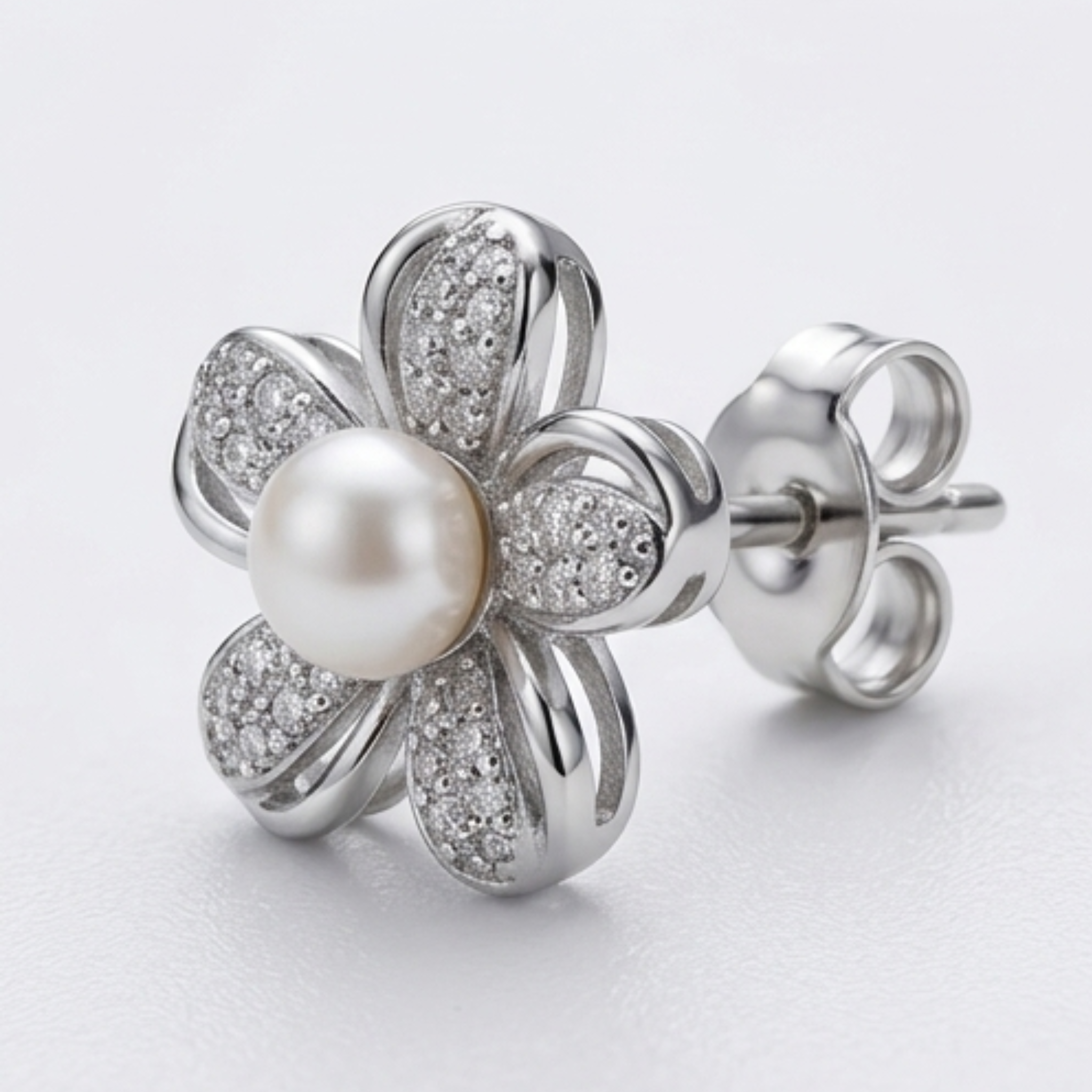 Radiant Sterling Silver Pearl Flower Jewelry Set - Diamond Simulant Necklace & Stud Earrings