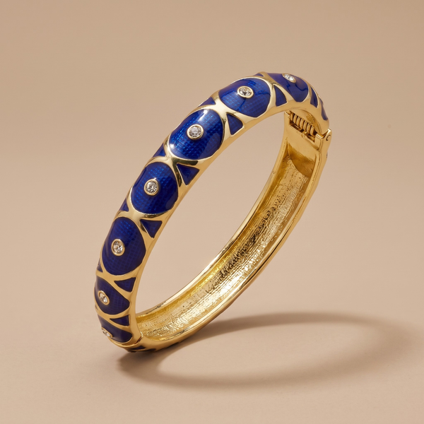 Cobalt blue enamel crystal gold bangle - angled view