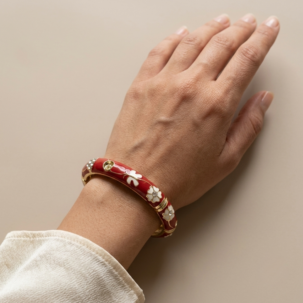 Red enamel floral butterfly gold bangle - alternate view