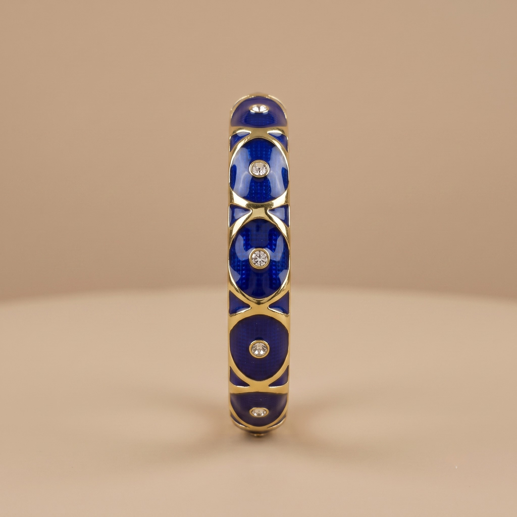 Cobalt blue enamel crystal gold bangle - detail view