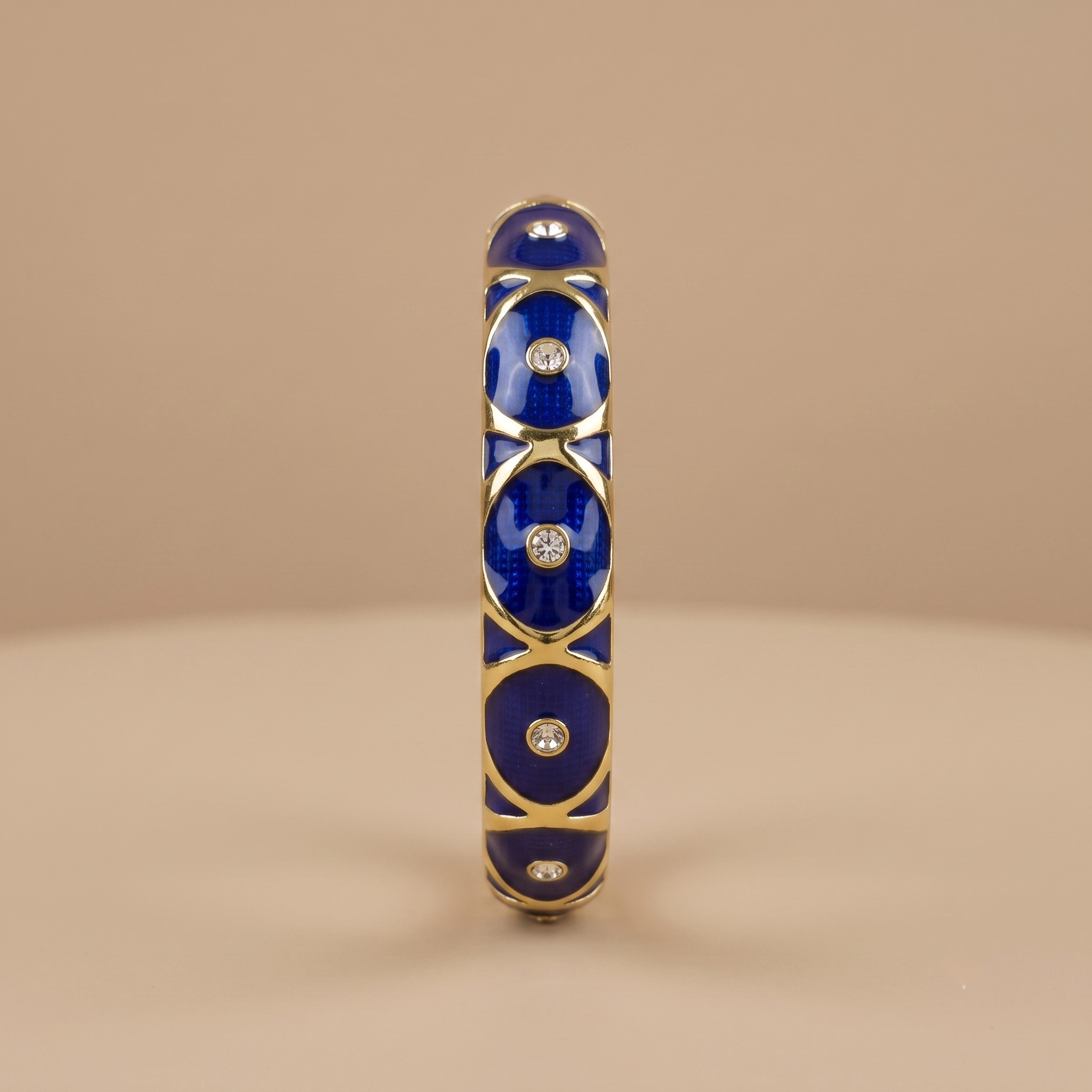 Cobalt blue enamel crystal gold bangle - detail view