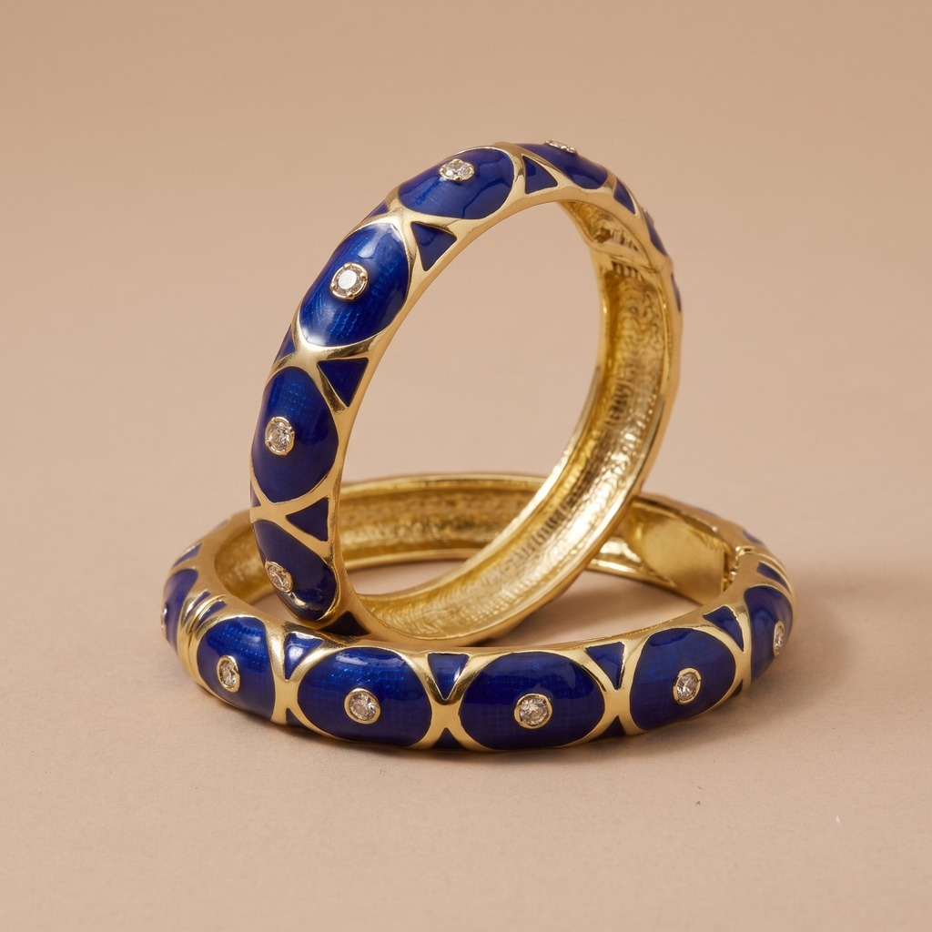 Cobalt blue enamel crystal gold bangle - close-up view