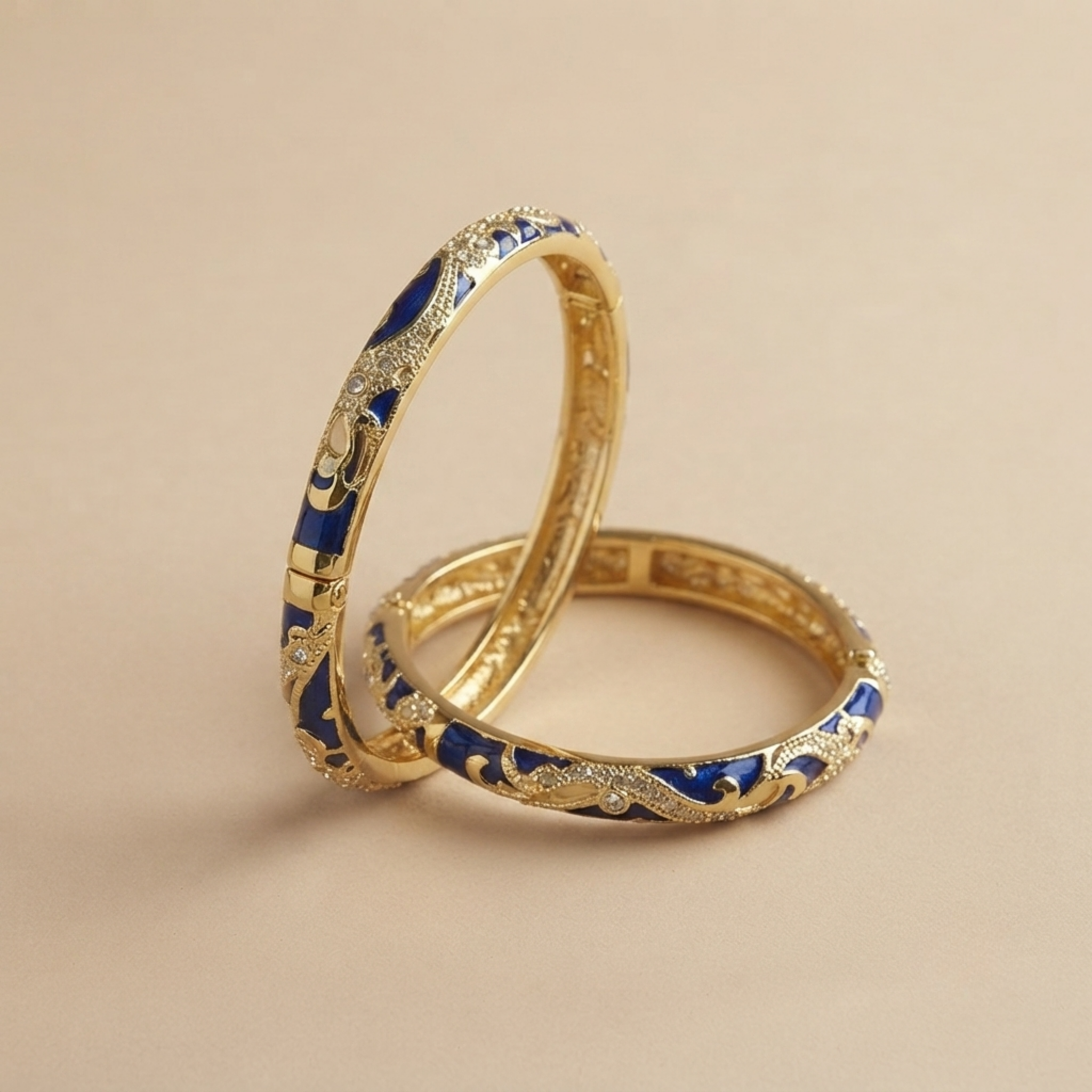 Royal Blue Enamel Pavé Scroll Bangle Pair