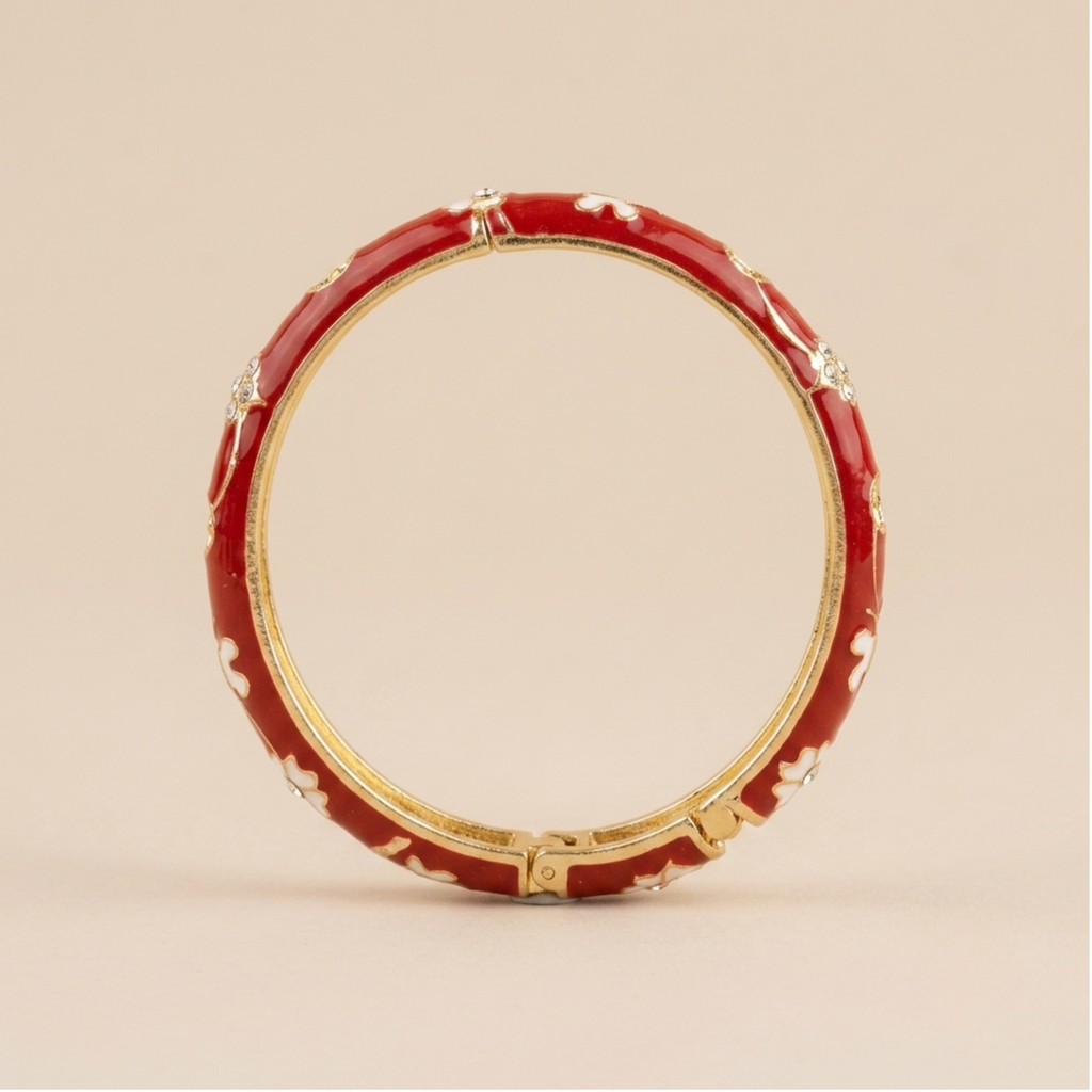 Red enamel floral butterfly gold bangle - additional view