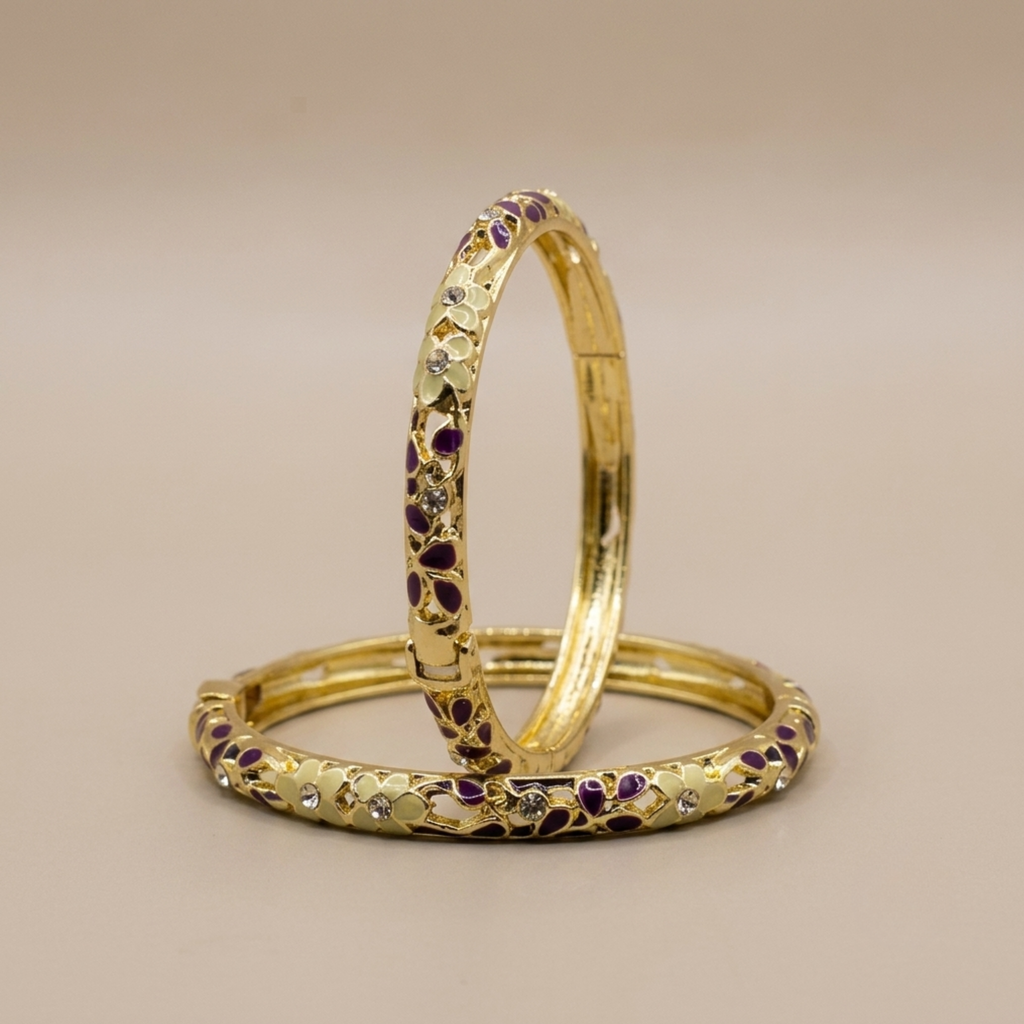 Ivory and purple enamel cutwork gold bangle pair - front view