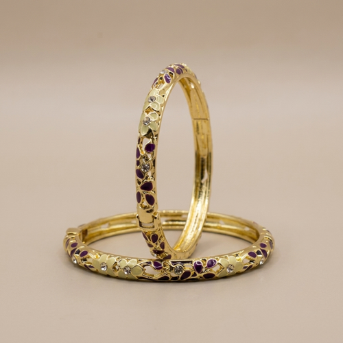 Ivory and purple enamel cutwork gold bangle pair - front view