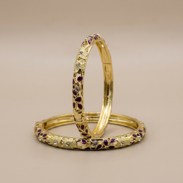 Ivory and purple enamel cutwork gold bangle pair - front view