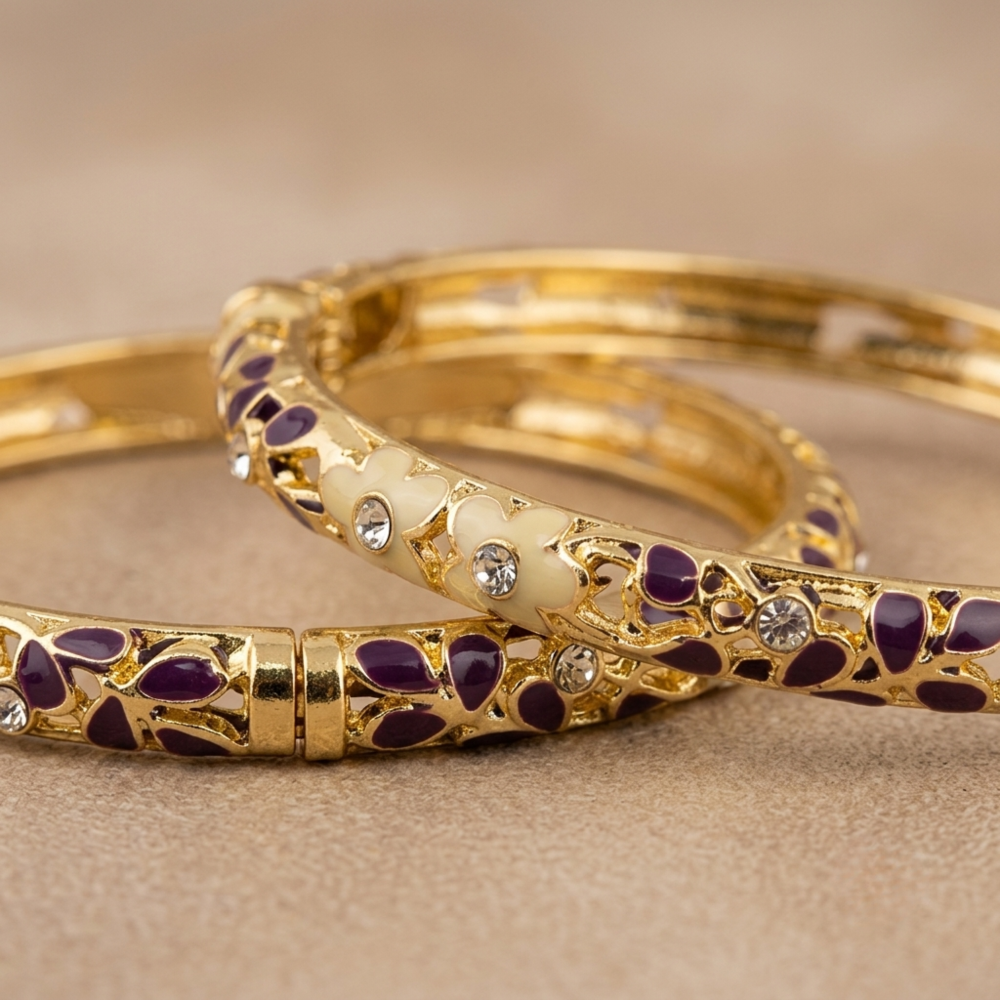 Ivory and purple enamel cutwork gold bangle pair - alternate view