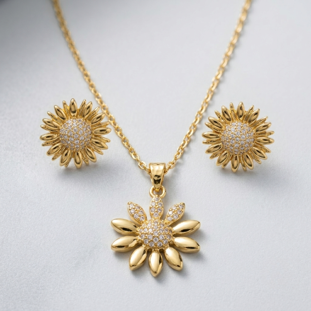Radiant Gold Pave Sunflower Jewelry Set - Diamond Simulant Necklace & Stud Earrings