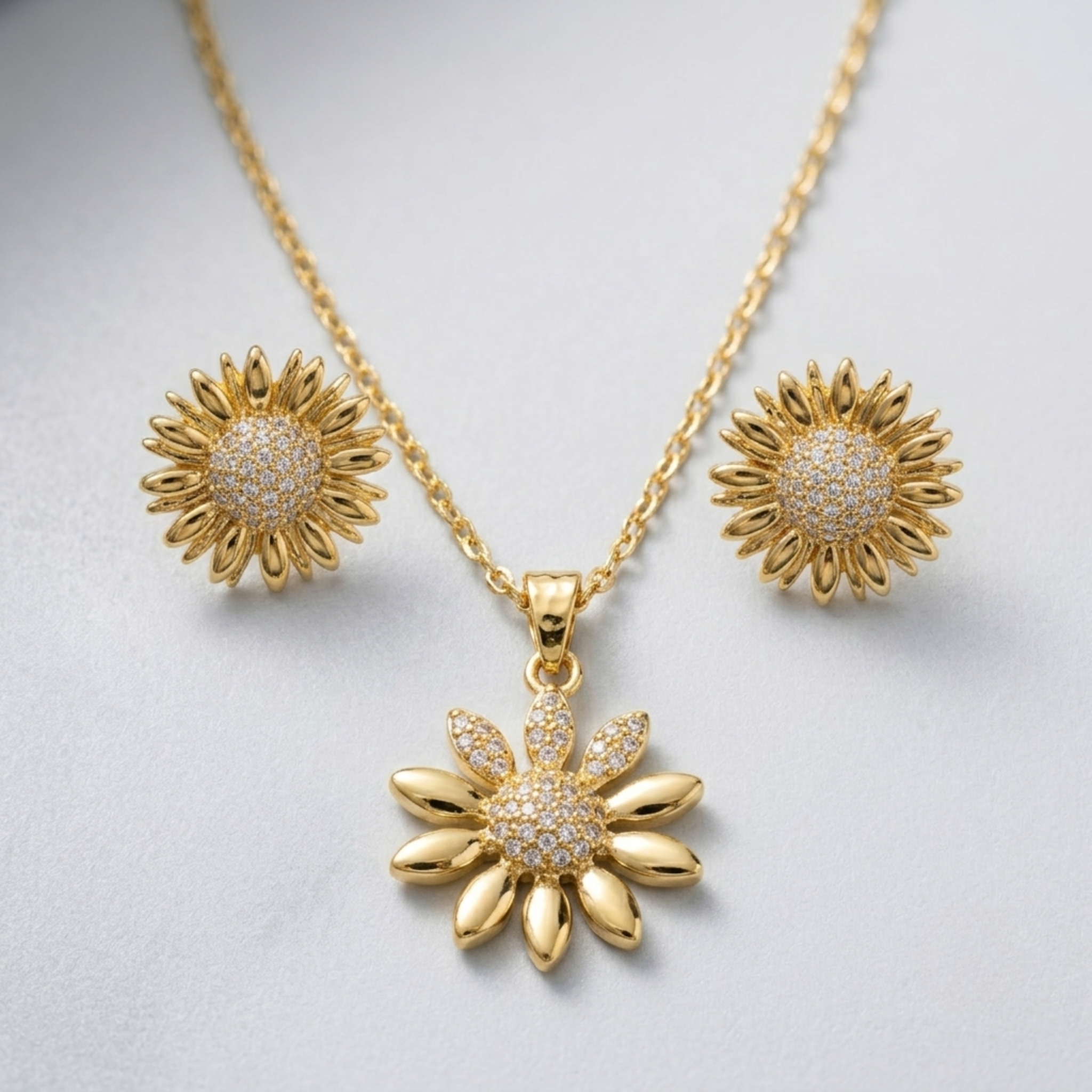 Radiant Gold Pave Sunflower Jewelry Set - Diamond Simulant Necklace & Stud Earrings