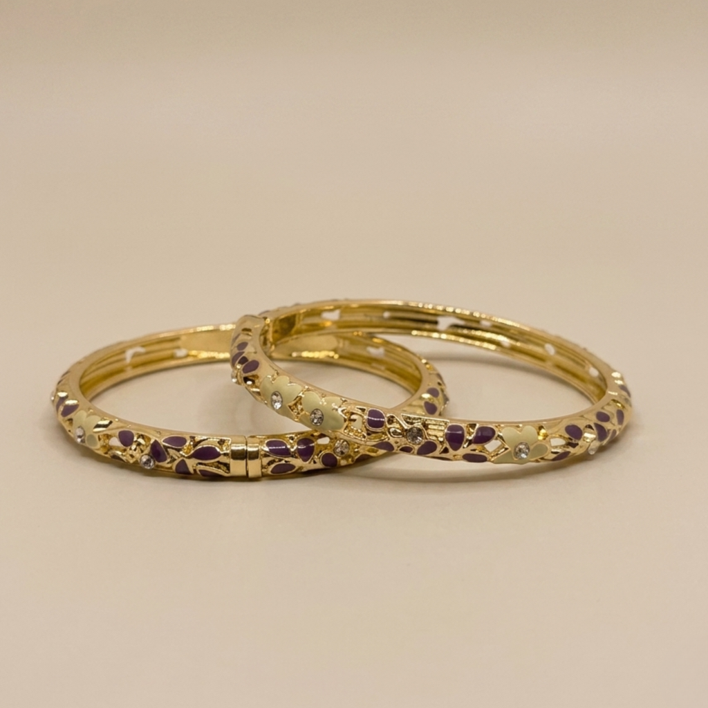Ivory and purple enamel cutwork gold bangle pair - detail view
