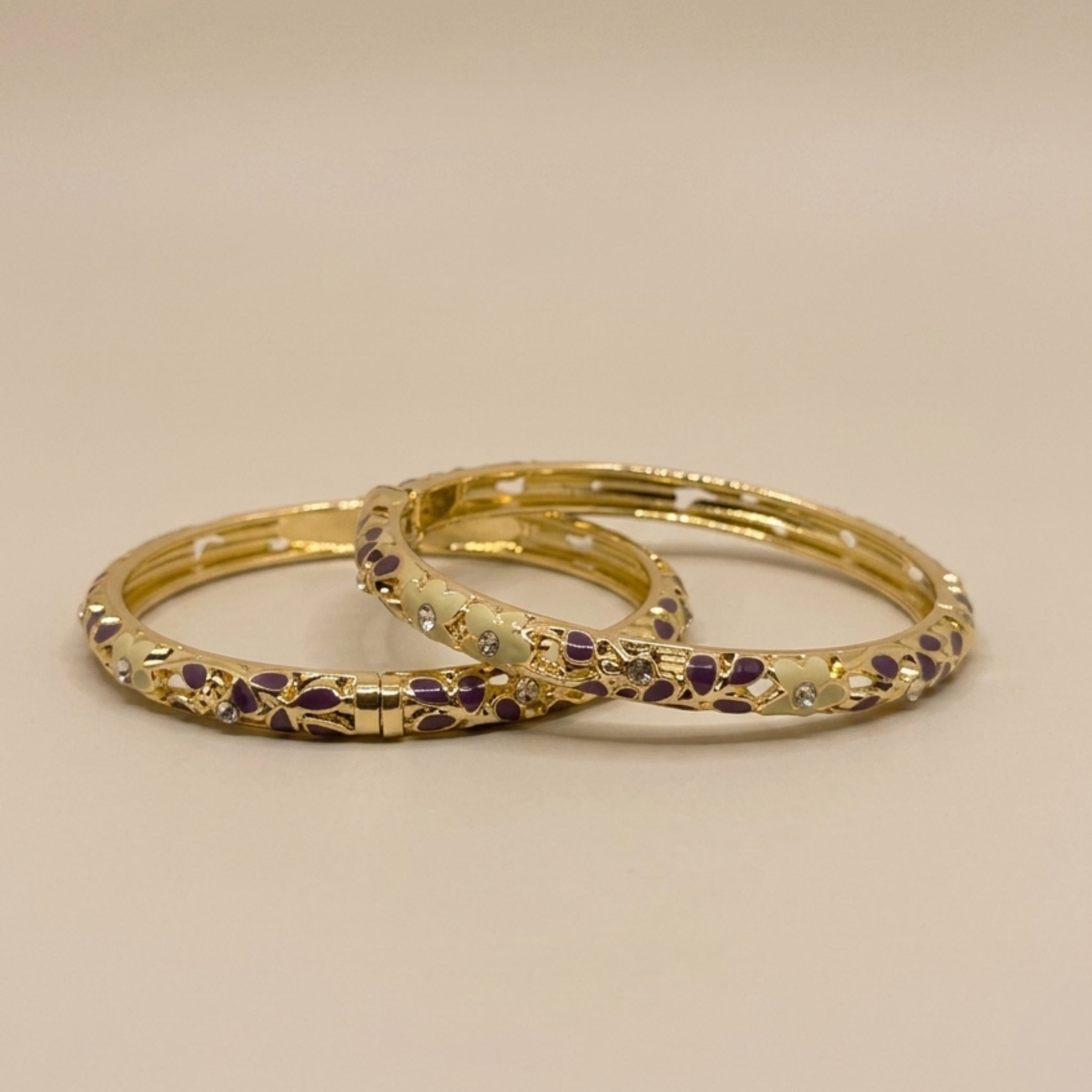 Ivory and purple enamel cutwork gold bangle pair - detail view