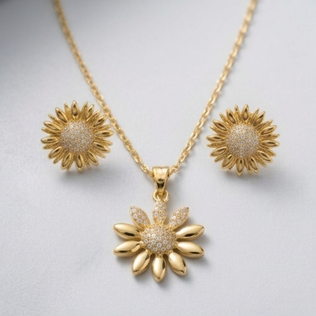 Radiant Gold Pave Sunflower Jewelry Set - Diamond Simulant Necklace & Stud Earrings