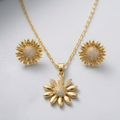 Radiant Gold Pave Sunflower Jewelry Set - Diamond Simulant Necklace & Stud Earrings