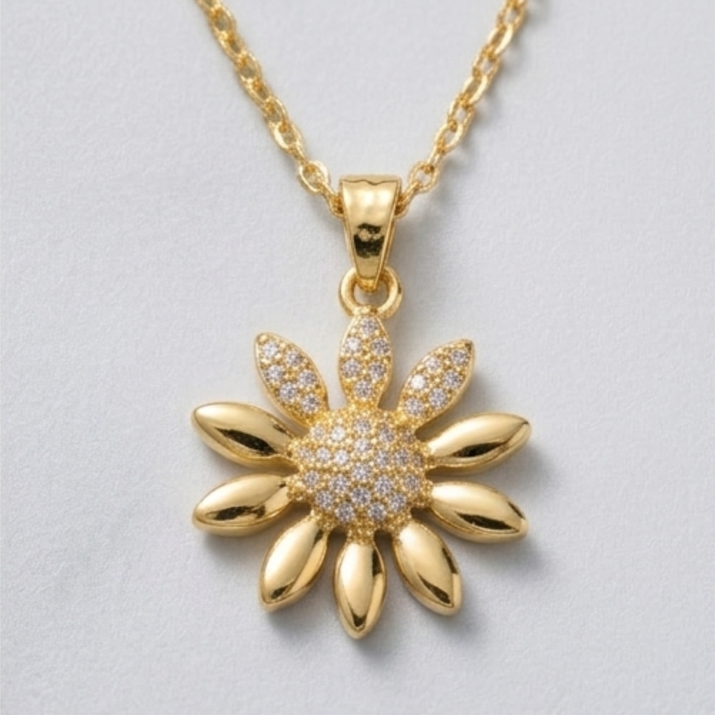 Radiant Gold Pave Sunflower Jewelry Set - Diamond Simulant Necklace & Stud Earrings